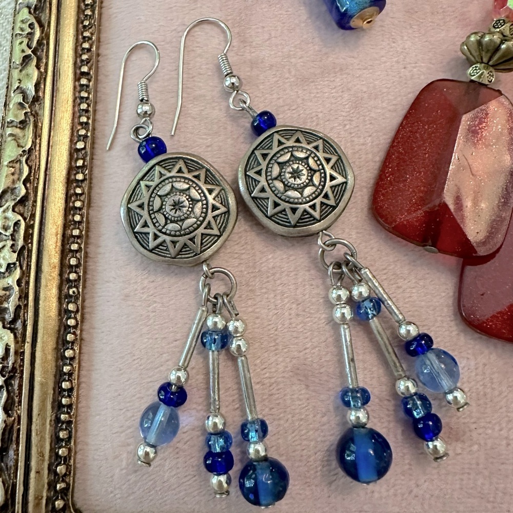 Blue and Red Earring Bundle Set of 3 Bohemian Style Boho Burnished Gold Tone - Picture 7 of 12